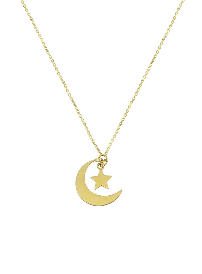 Solid 9ct Gold Crescent Moon Star Charm Necklace