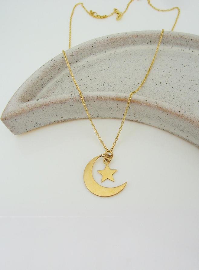 Solid 9ct Gold Crescent Moon Star Charm Necklace