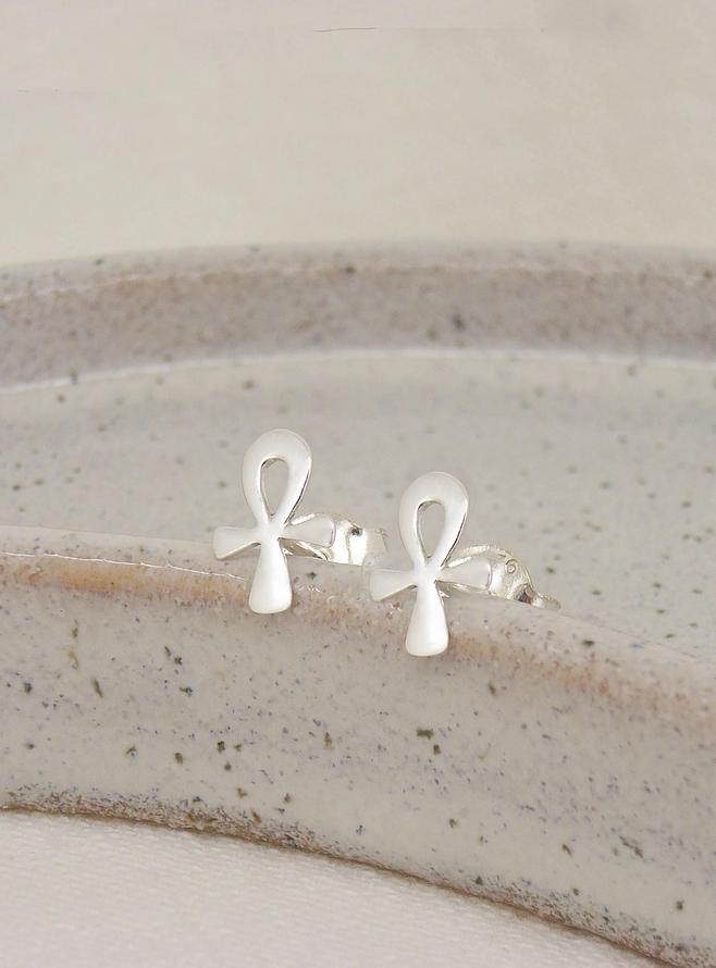 Egyptian Ankh of Life Charm Stud Earrings in Sterling Silver