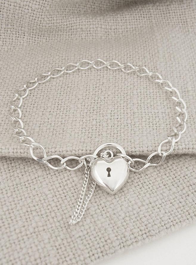 Curb Puffed Heart Padlock Bracelet in Sterling Silver