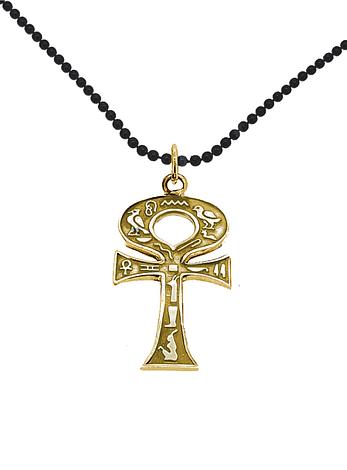 Egyptian Ankh Cross Pendant Black Ball Necklace in 9ct Gold