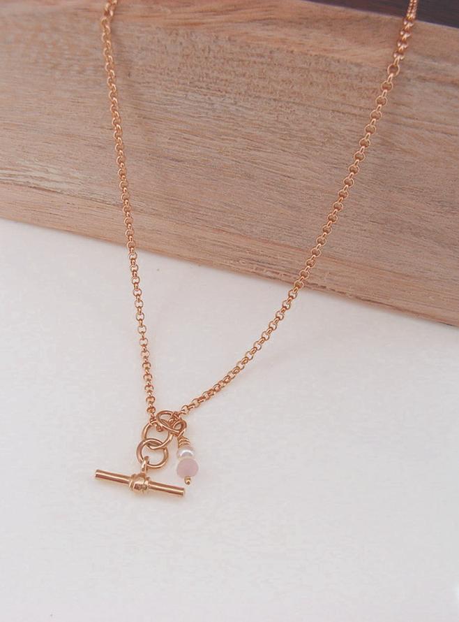 Dainty Small Fob TBar Belcher Necklace in 9ct Rose Gold