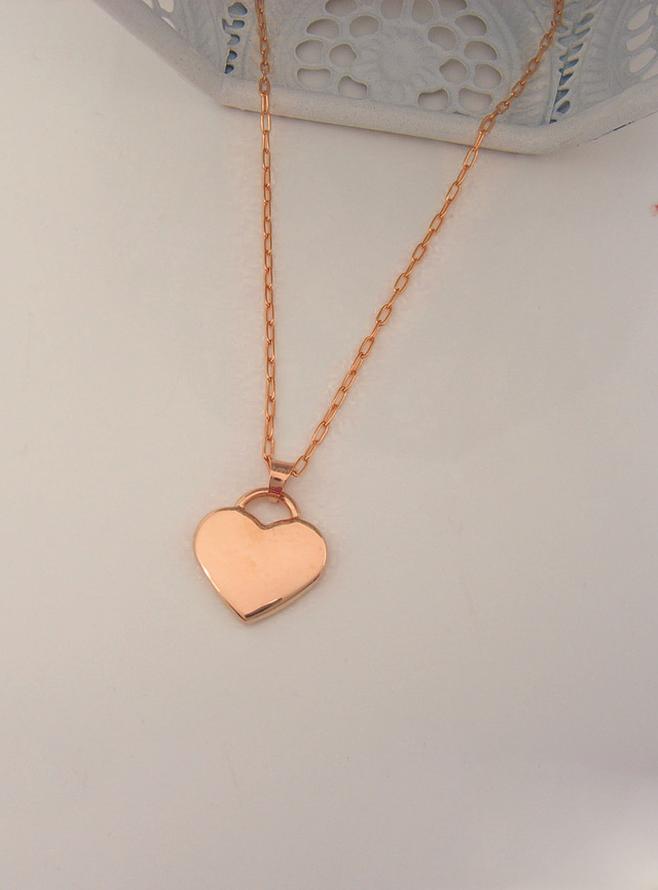 Paperclip Heart Tag Charm Necklace Chain in 9ct Rose Gold