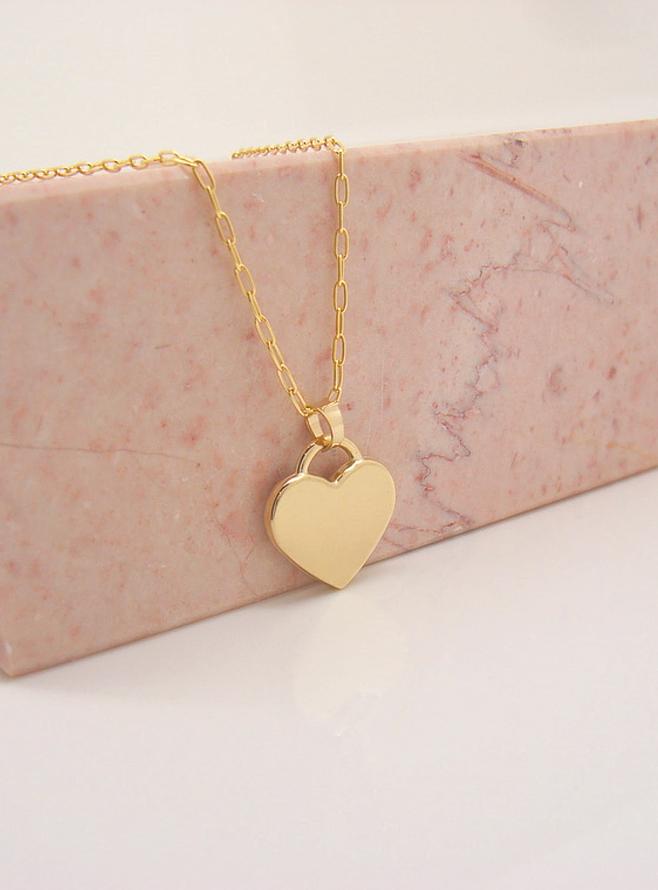Paperclip Heart Tag Charm Necklace Chain in 9ct Gold