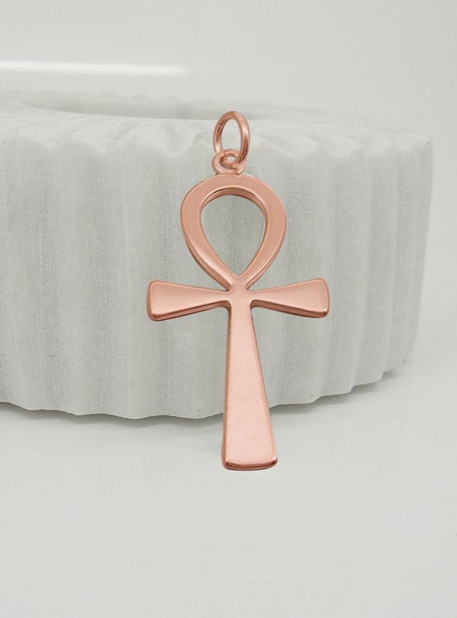 Large Egyptian Ankh Cross Pendant Necklace in 9ct Rose Gold