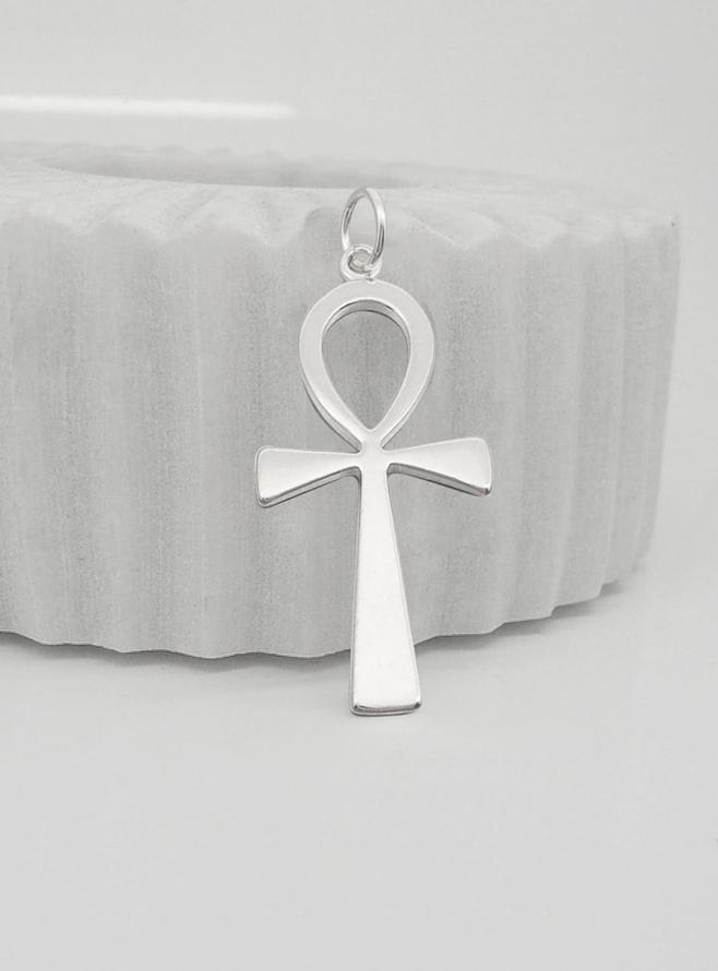 Large Egyptian Ankh Cross Pendant Necklace in Silver