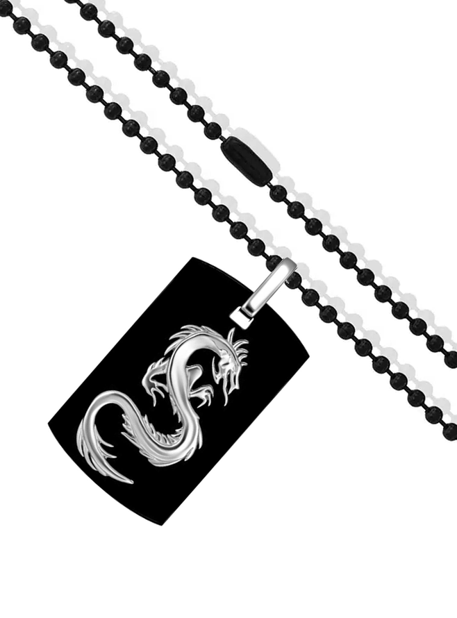 Black Onyx Unisex Dragon Pendant Black Ball Necklace